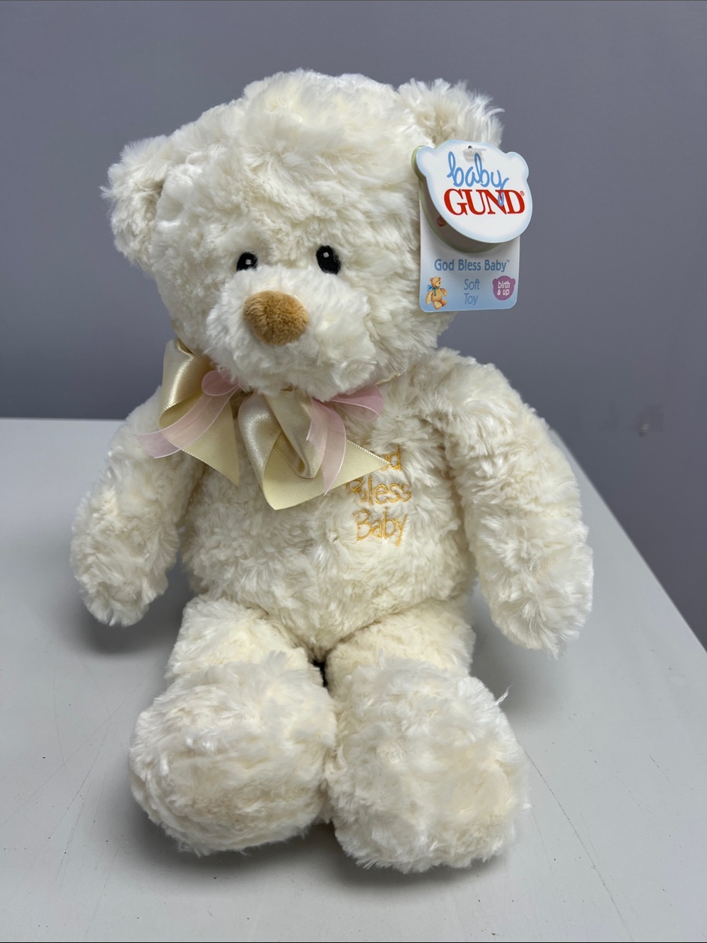 GUND Cream 'God Bless Baby' Plush Bear with Pastel Ribbon
